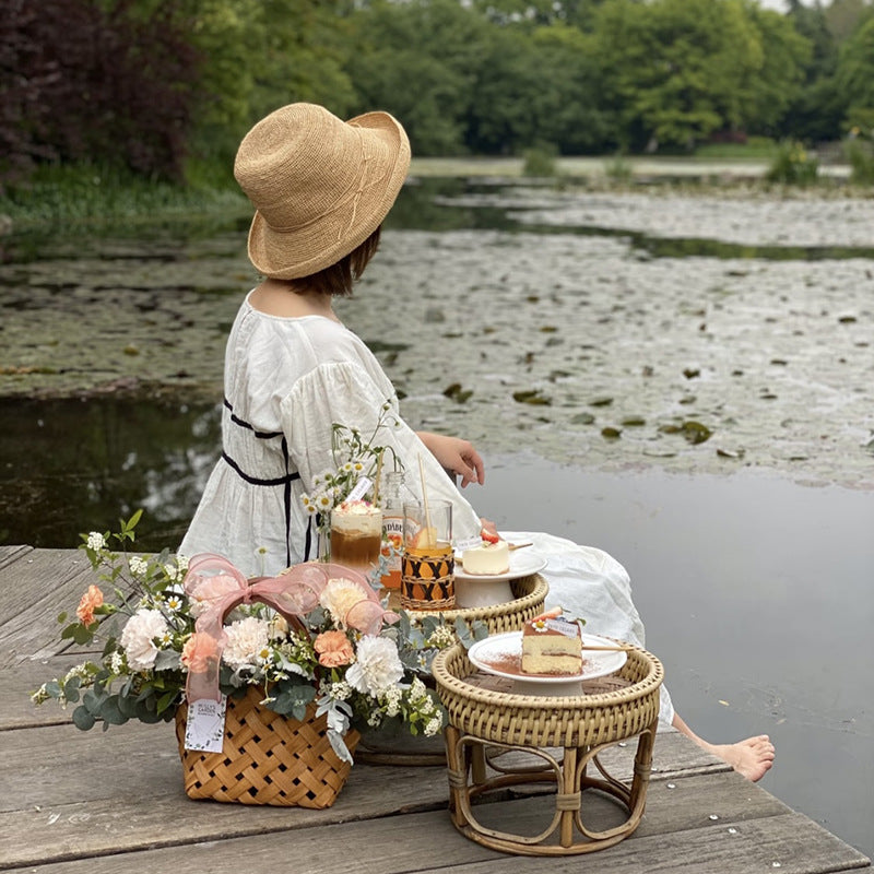 Hand-Crochet Straw Bucket Hat with Bow