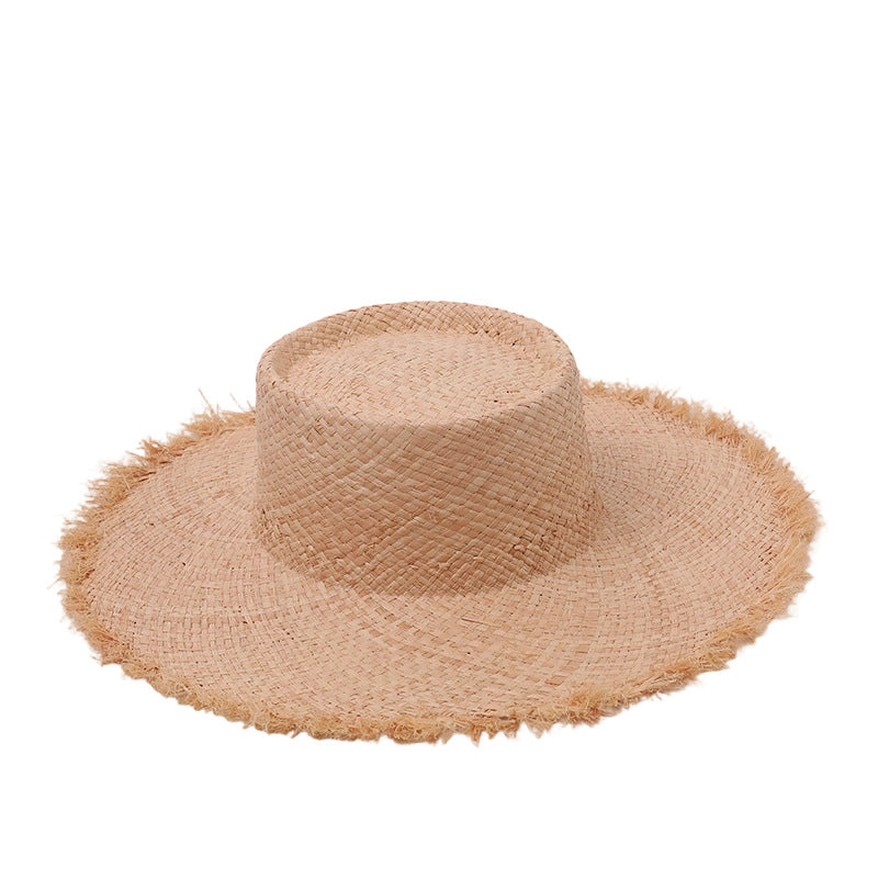 Frayed-Edge Raffia Wide-Brim Beach Hat