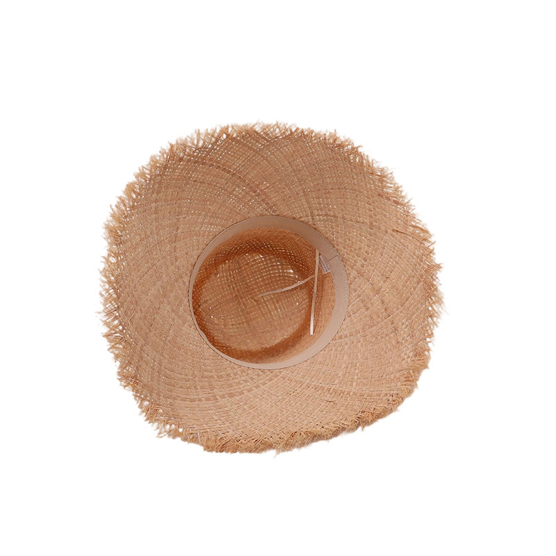 Frayed-Edge Raffia Wide-Brim Beach Hat