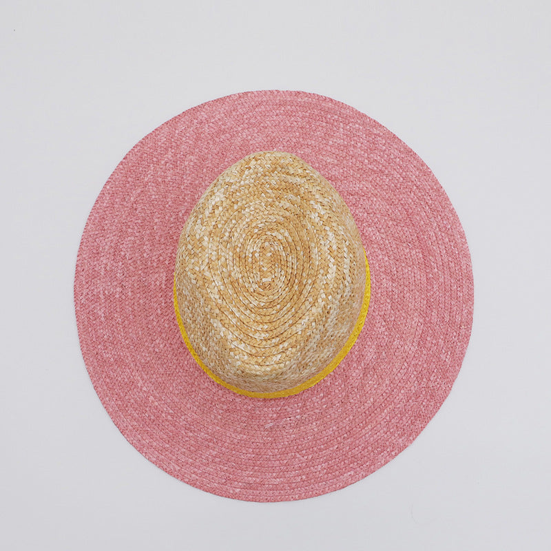 Two-Tone Wide-Brim Straw Sun Hat (Pink & Yellow)