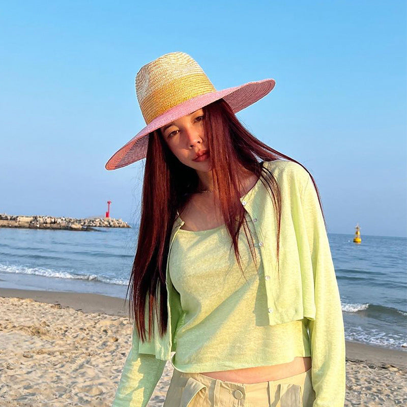 Two-Tone Wide-Brim Straw Sun Hat (Pink & Yellow)