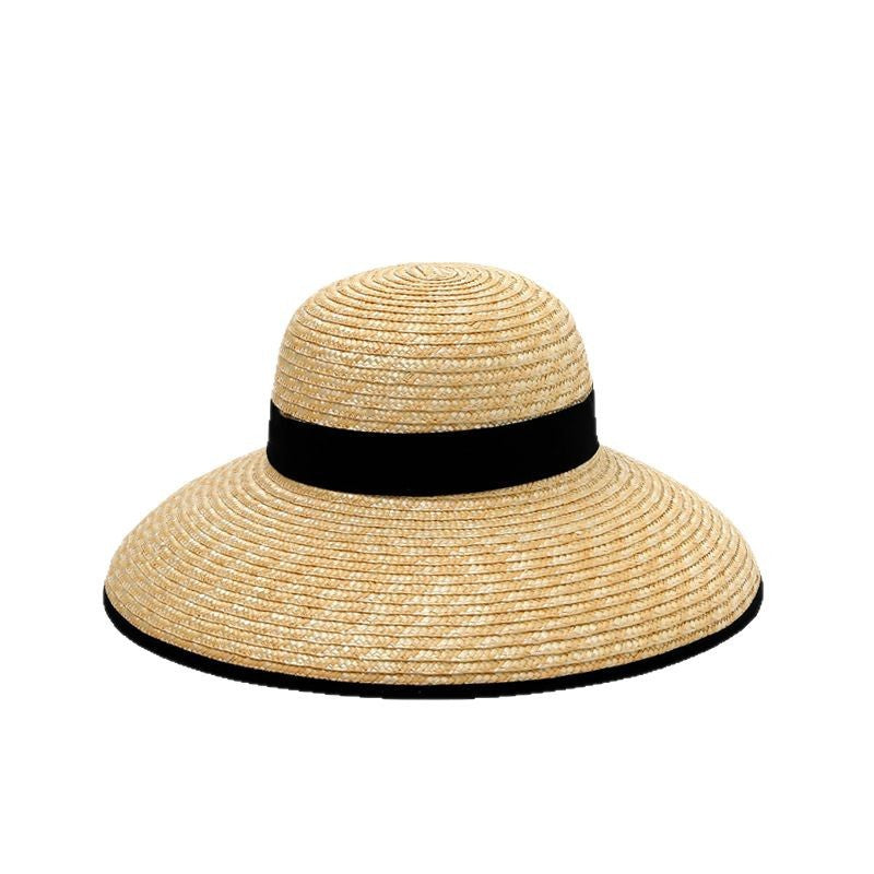 French Elegant Wide-Brim Straw Hat with Black Ribbon