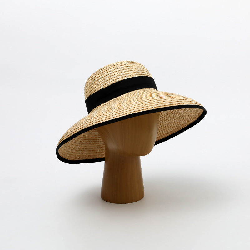 French Elegant Wide-Brim Straw Hat with Black Ribbon