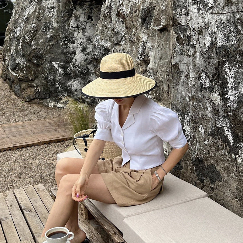 French Elegant Wide-Brim Straw Hat with Black Ribbon