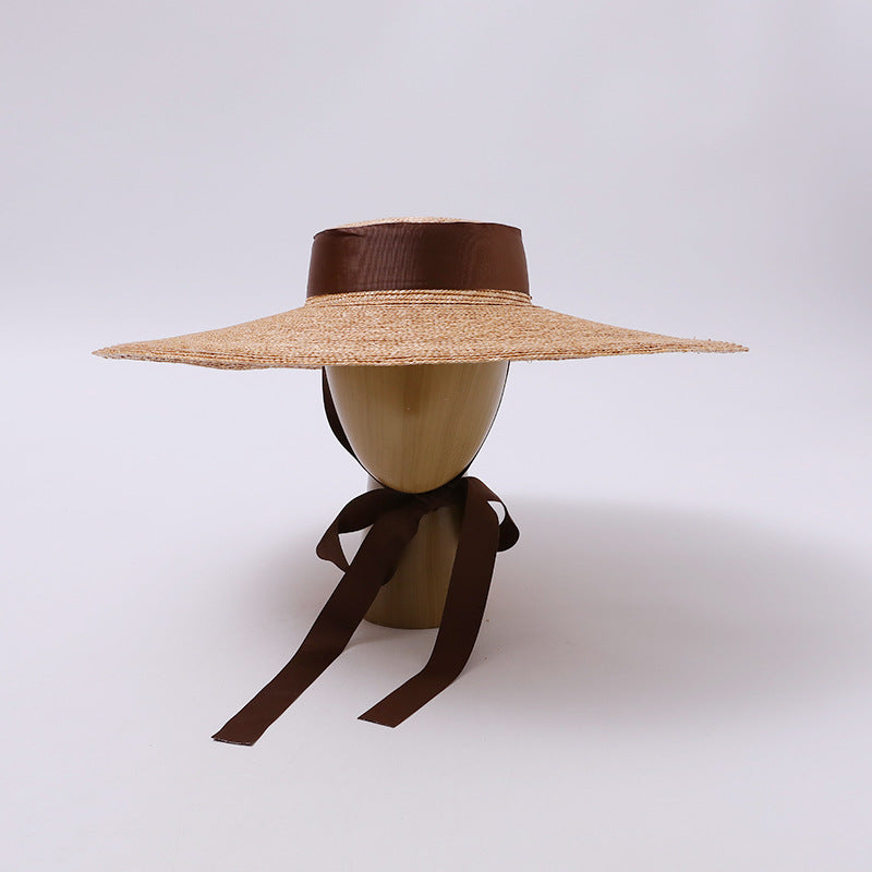 Vintage Wide-Brim Raffia Hat with Brown Ribbon