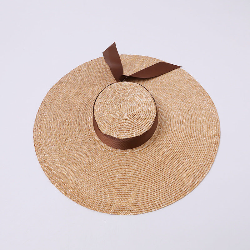 Vintage Wide-Brim Raffia Hat with Brown Ribbon