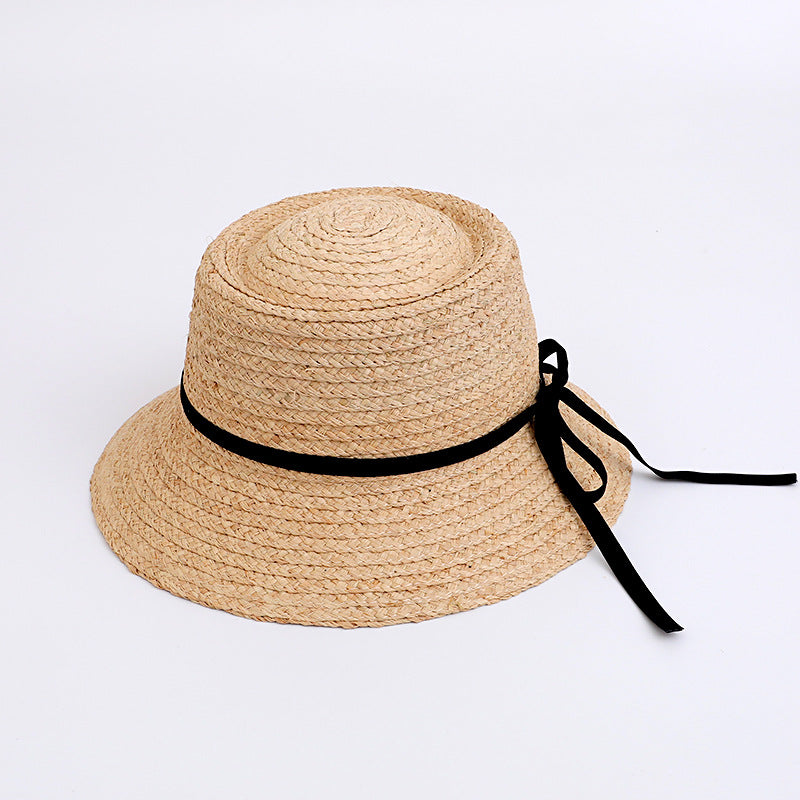Raffia Bucket Hat with Black Ribbon Bow