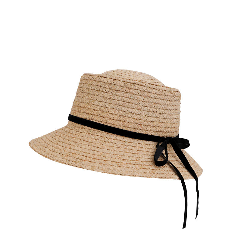 Raffia Bucket Hat with Black Ribbon Bow