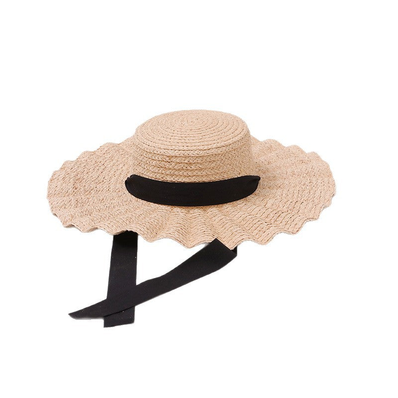 Wavy-Edge Wide-Brim Straw Hat with Streamer