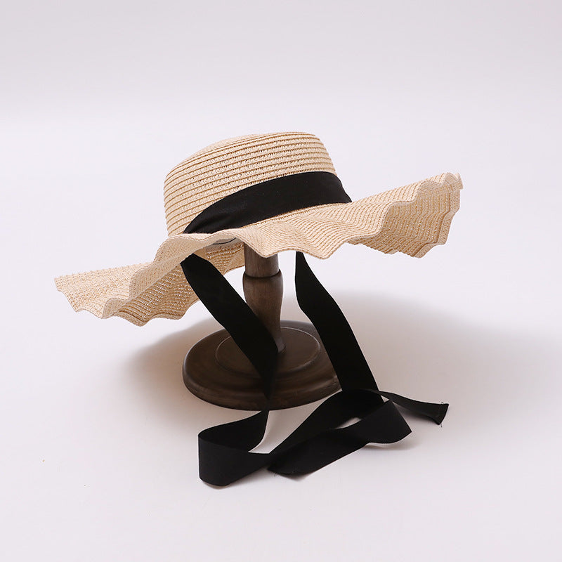 Wavy-Edge Wide-Brim Straw Hat with Streamer