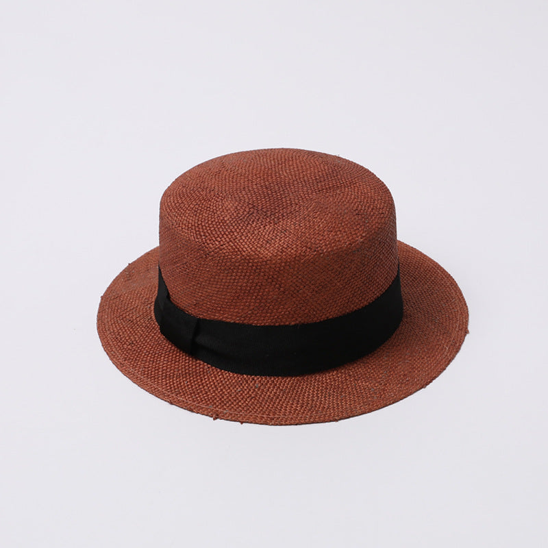 French Panama Flat-Top Straw Hat with Black Ribbon