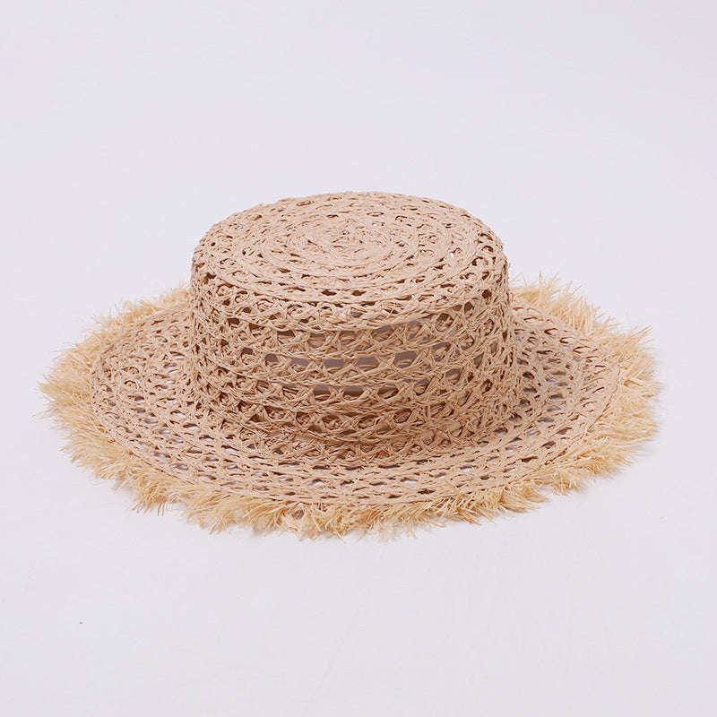 Open-Weave Frayed-Edge Flat-Top Straw Hat