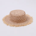 Open-Weave Frayed-Edge Flat-Top Straw Hat