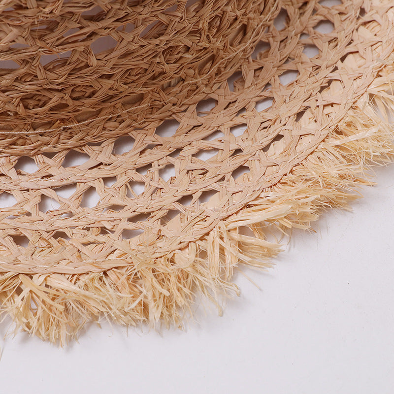 Open-Weave Frayed-Edge Flat-Top Straw Hat