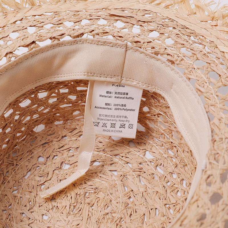 Open-Weave Frayed-Edge Flat-Top Straw Hat