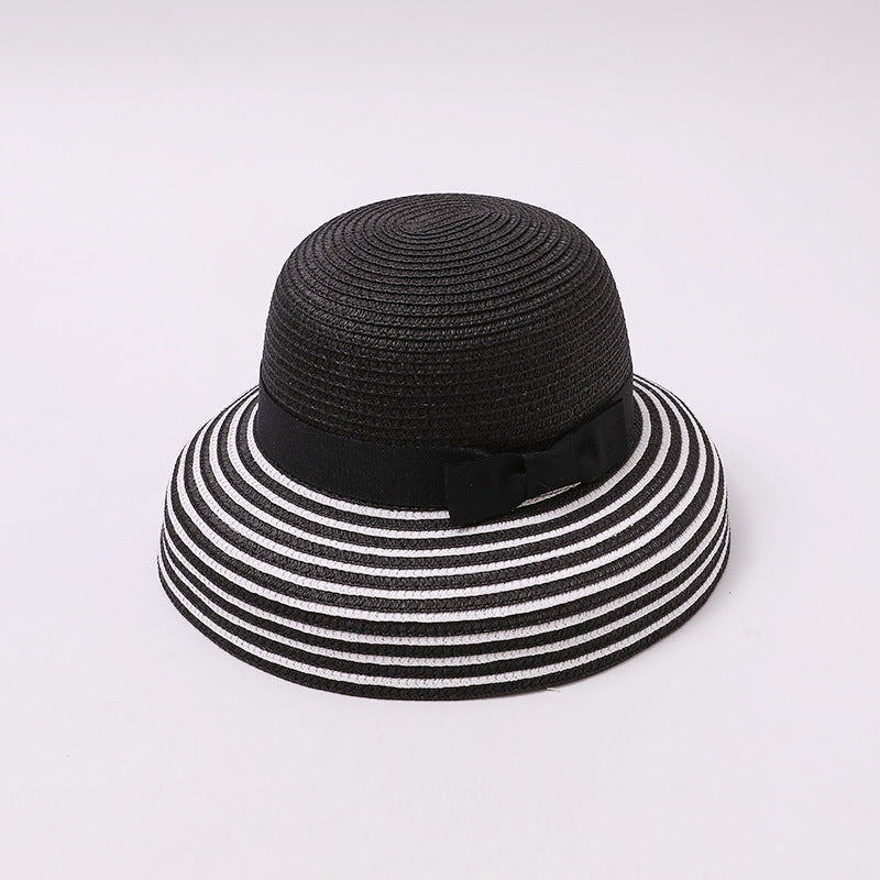 Black & White Striped Straw Bucket Hat with Bow