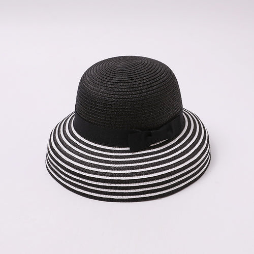 Black & White Striped Straw Bucket Hat with Bow