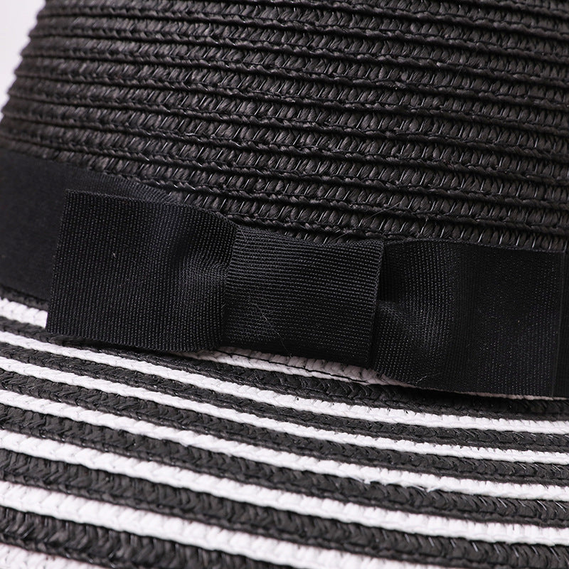 Black & White Striped Straw Bucket Hat with Bow