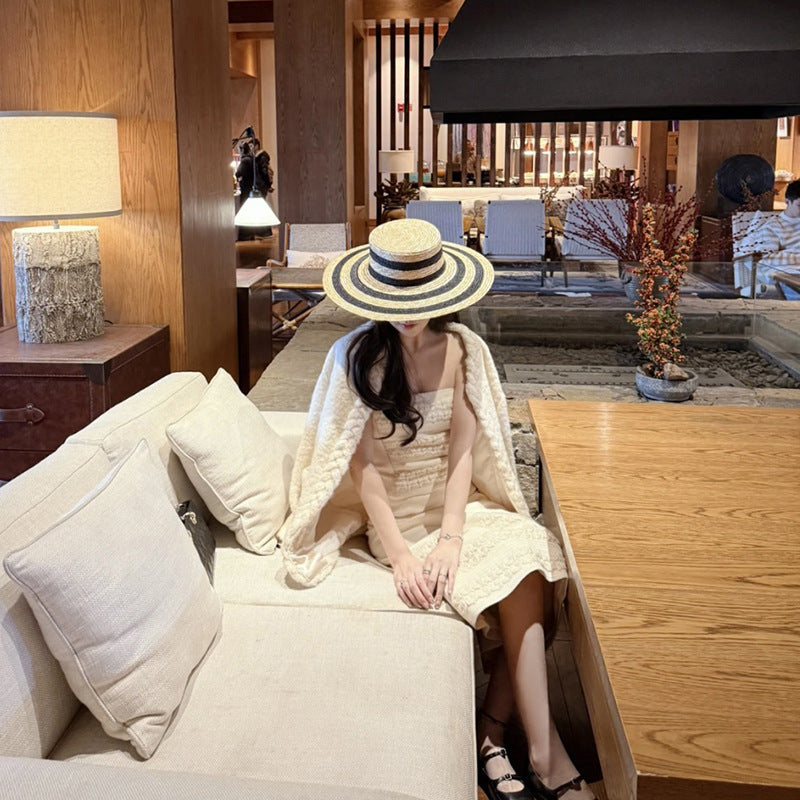 Black & White Striped Wide-Brim Flat-Top Straw Hat