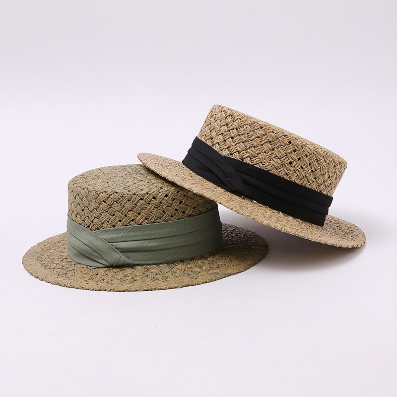 Straw Boater Hat with Beige Ribbon