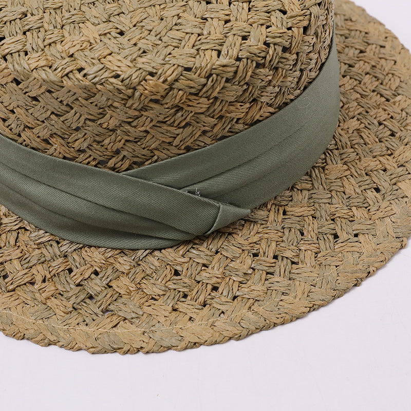 Straw Boater Hat with Beige Ribbon