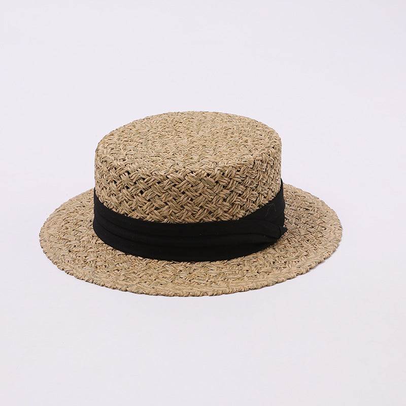 Straw Boater Hat with Beige Ribbon