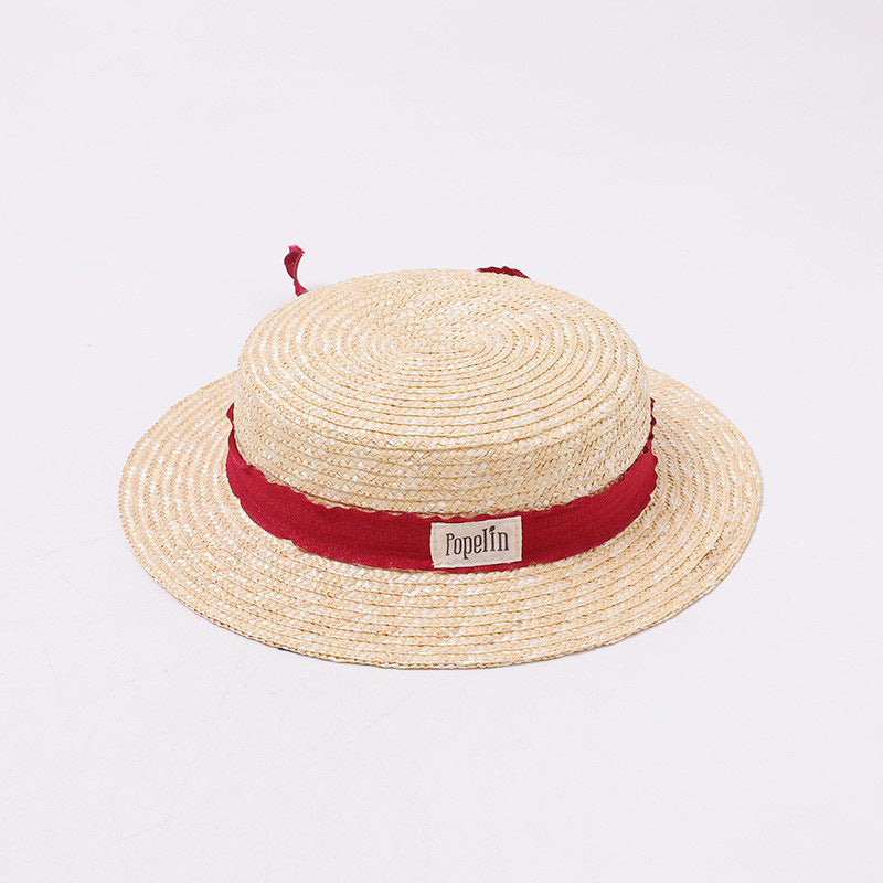 Straw Boater Hat with Red Ribbon Bow