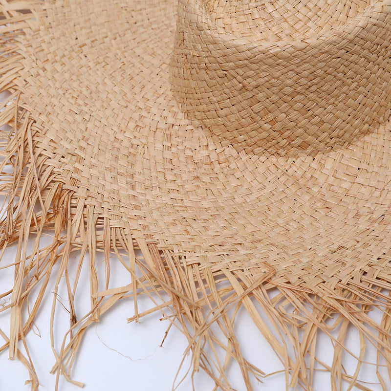 Tasseled Frayed Raffia Wide-Brim Hat