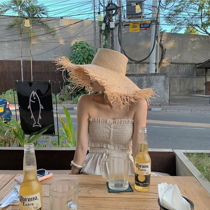 Tasseled Frayed Raffia Wide-Brim Hat