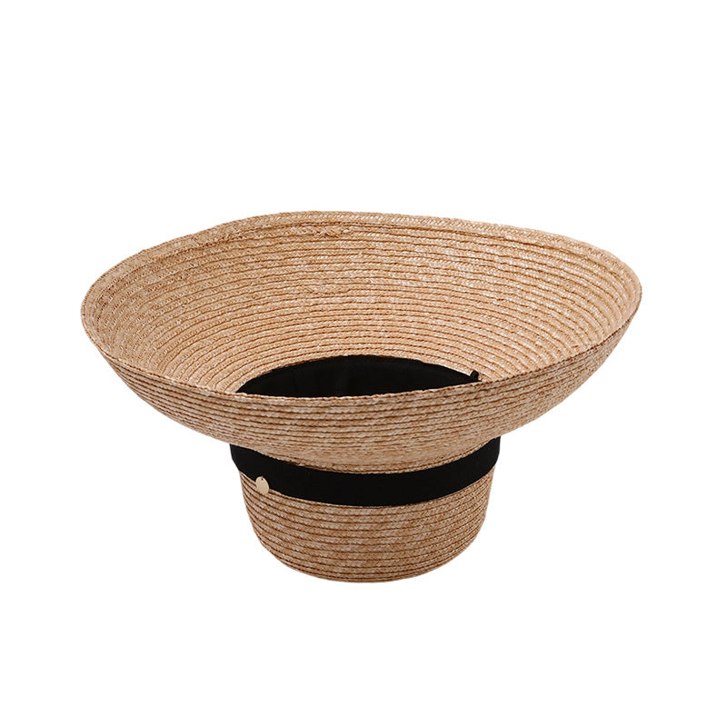 Straw Bucket Hat with Black Band and Metal Badge