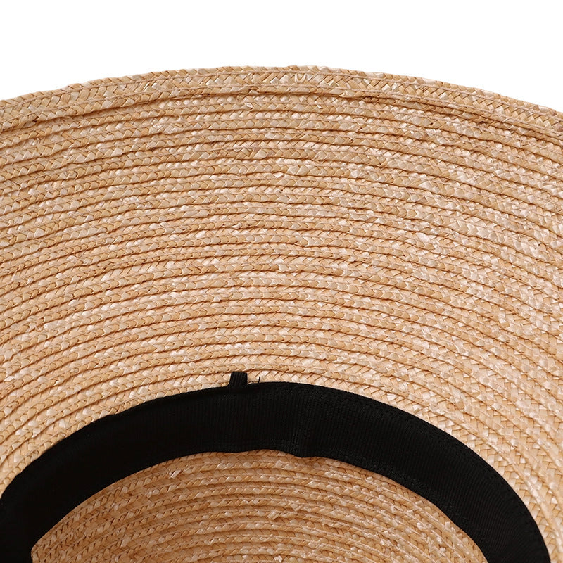 Straw Bucket Hat with Black Band and Metal Badge