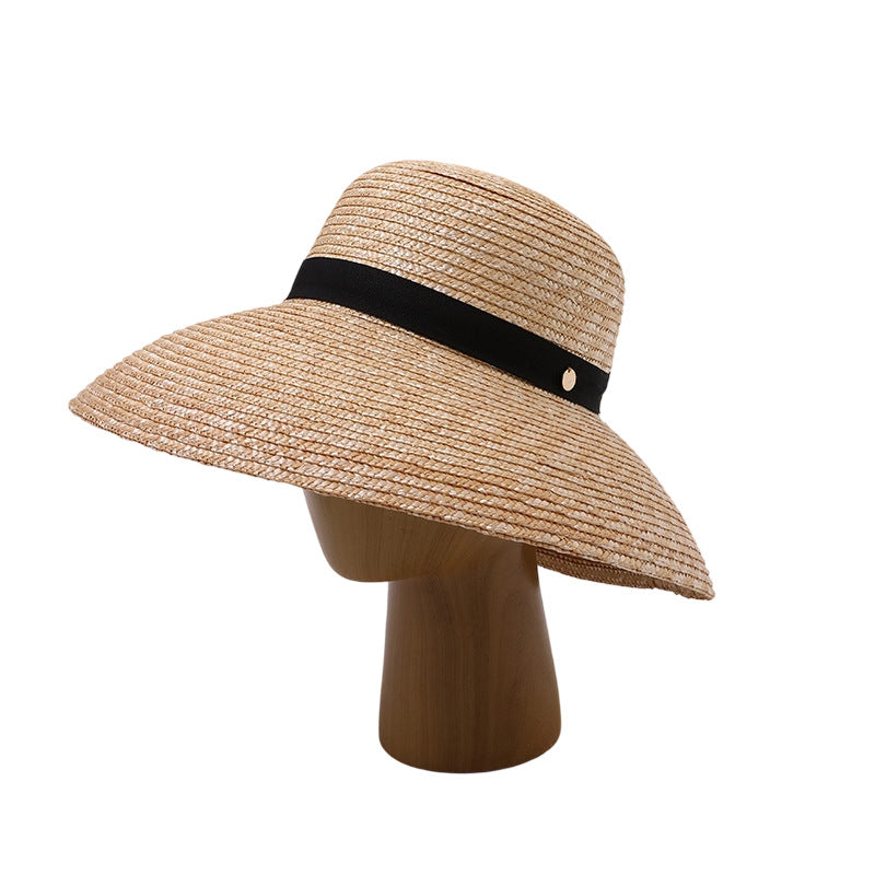 Straw Bucket Hat with Black Band and Metal Badge