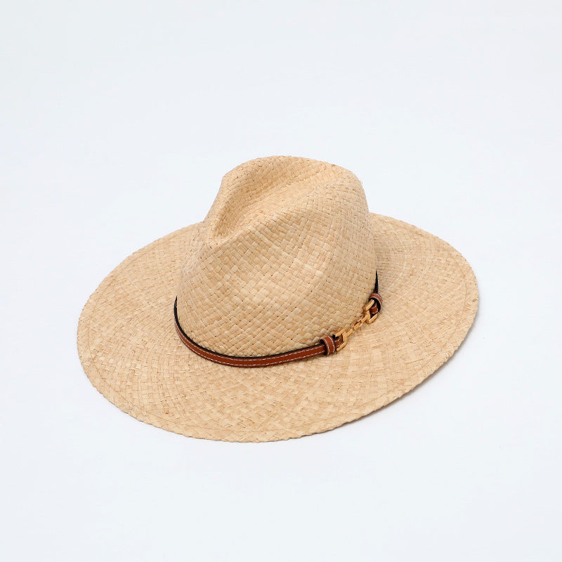 Panama Fedora Straw Hat with Leather Chain Band
