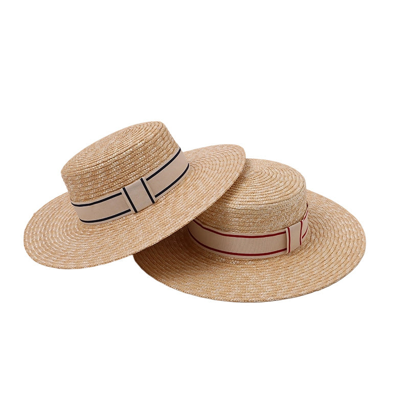French Straw Boater Hat Two-Piece Set (Striped Ribbons)