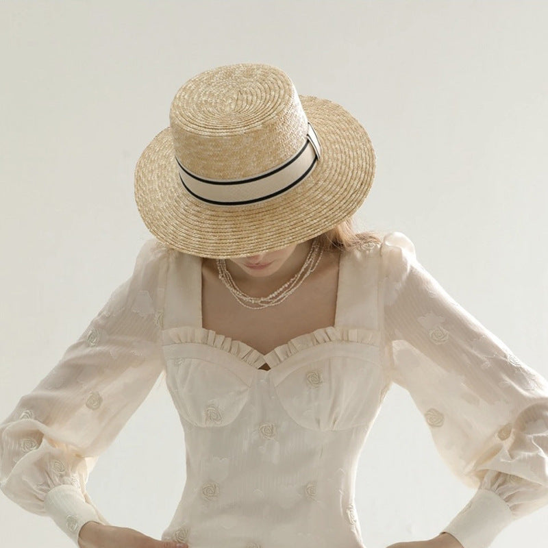 French Straw Boater Hat Two-Piece Set (Striped Ribbons)